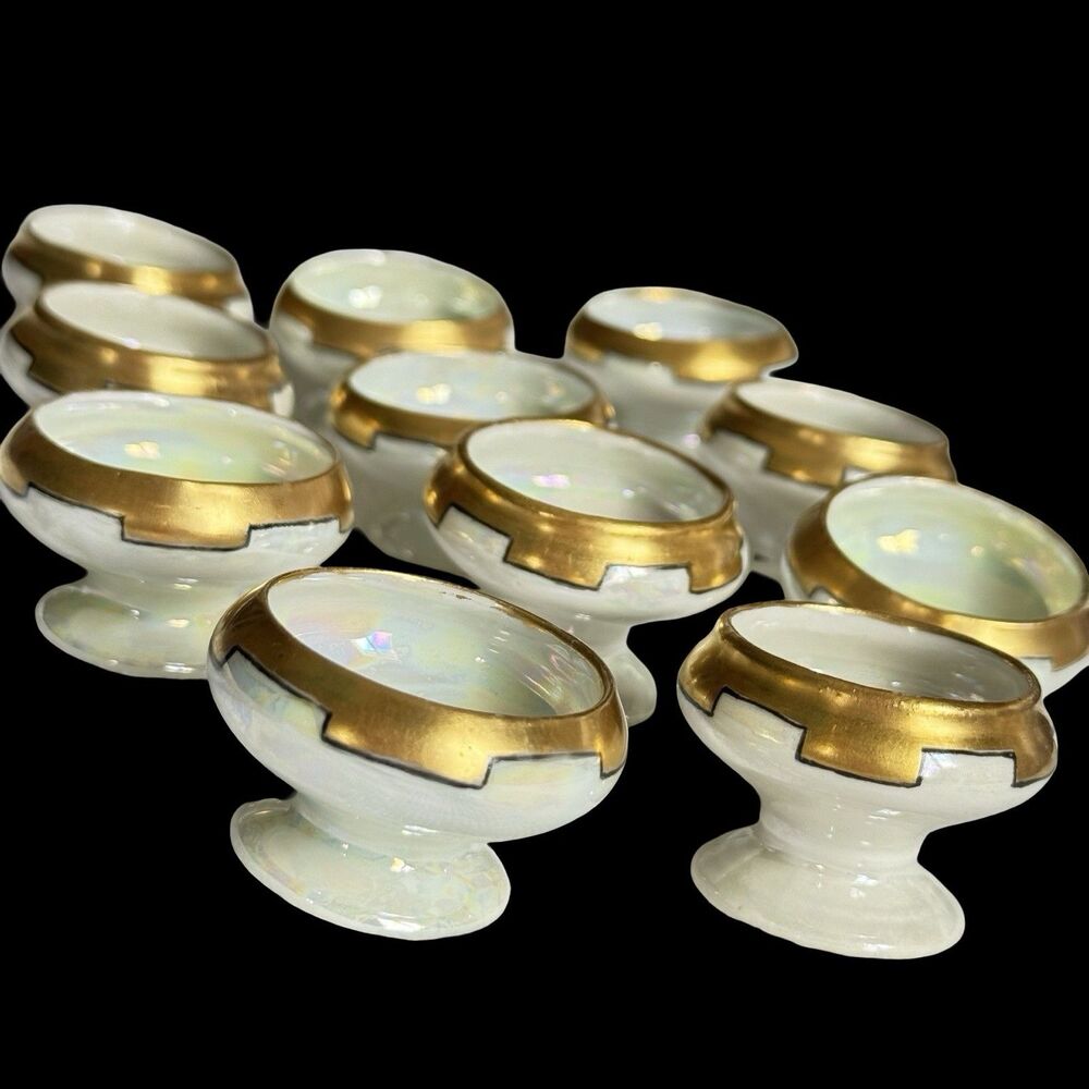 Antique Art Deco Lusterware Individual Open Pedestal Salt Cellars SET of 11 Gilt